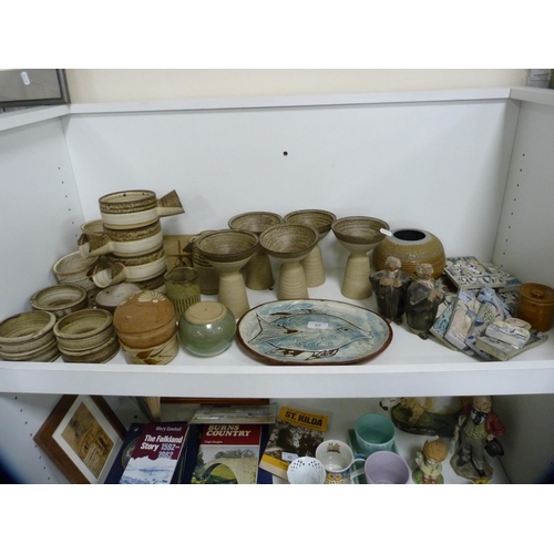 64 - Collection of studio pottery including goblets, soup bowls, wall tiles etc (one shelf).