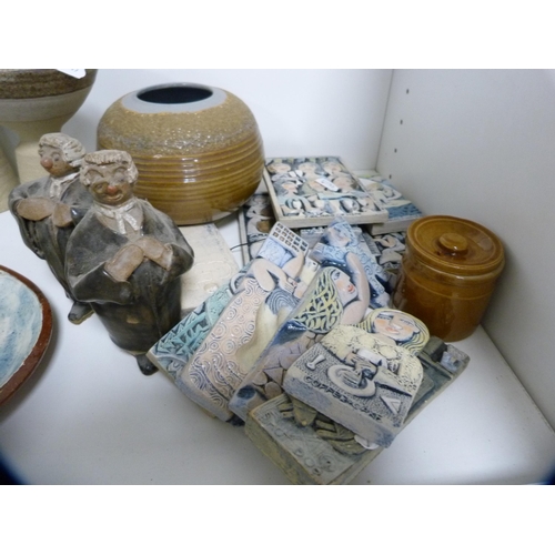 64 - Collection of studio pottery including goblets, soup bowls, wall tiles etc (one shelf).