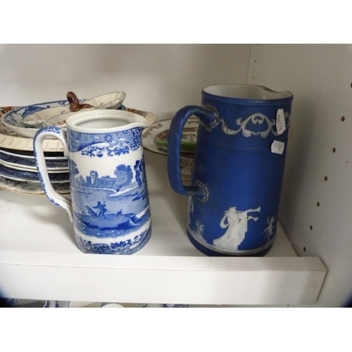 68 - Collection of 19th century and later ceramics including jugs, plates, chamber pot etc (one shelf).