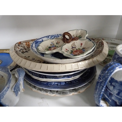 68 - Collection of 19th century and later ceramics including jugs, plates, chamber pot etc (one shelf).