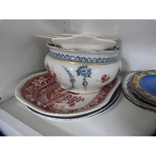 68 - Collection of 19th century and later ceramics including jugs, plates, chamber pot etc (one shelf).