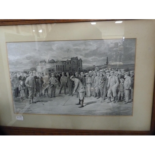 71 - Framed reproduction print of The Life Association of Scotland depicting golf, a framed engraving of ... 