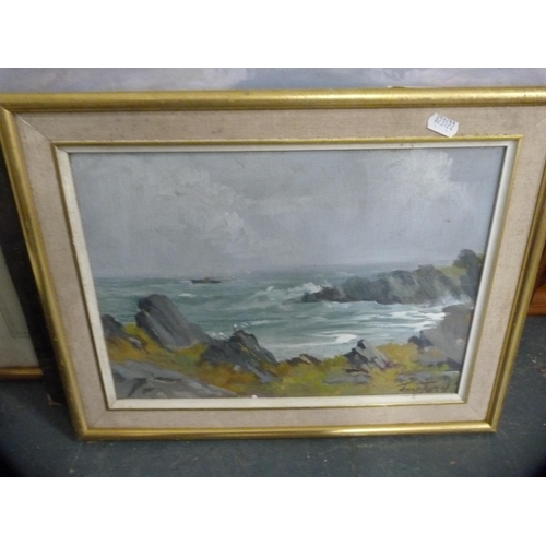 72 - Group of pictures to include an oil on board by John Tolly of a seascape, three watercolours, group ... 