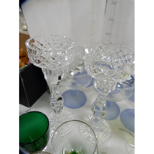 79 - Collection of various drinking glasses, a pair of candlesticks, jug etc.