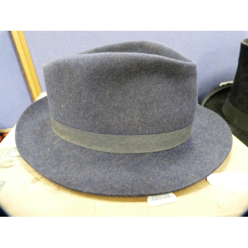 8 - Top hat, 'The London Style', in cardboard box, and three other hats.