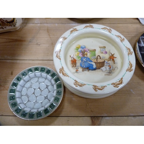 83 - Royal Doulton 'Bunnykins' nursery dish, Mason's tea caddy, stoneware crock, hot water bottle etc.