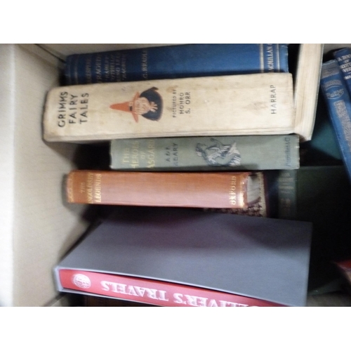 94 - Two cartons of books including Grimm's Fairy Tales, The Heroes of Asgard, Shakespeare, Folio Society... 