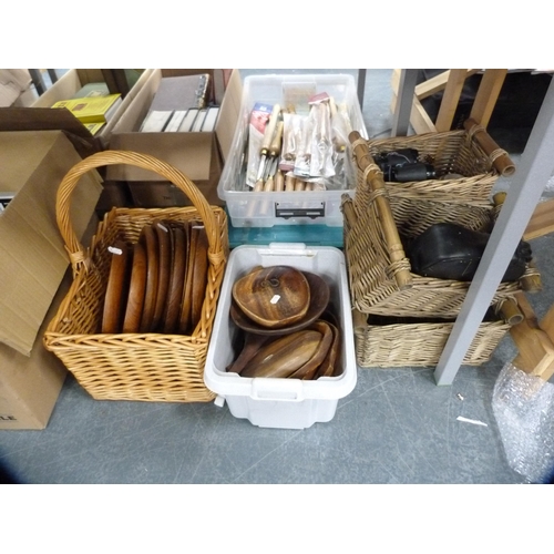 97 - Collection of wooden platters, dishes, wicker baskets, binoculars etc.