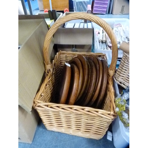 97 - Collection of wooden platters, dishes, wicker baskets, binoculars etc.