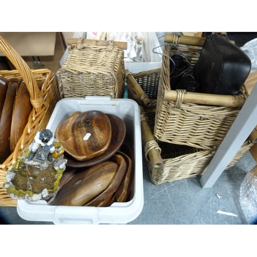 97 - Collection of wooden platters, dishes, wicker baskets, binoculars etc.