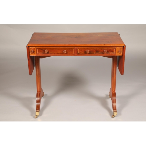 477 - Inlaid mahogany sofa table, with twin drop leaves and twin fitted drawers, length 92cm, width 51cm, ... 