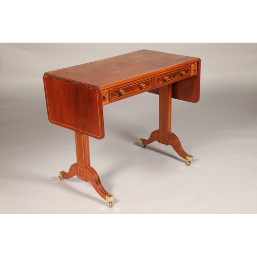 477 - Inlaid mahogany sofa table, with twin drop leaves and twin fitted drawers, length 92cm, width 51cm, ... 