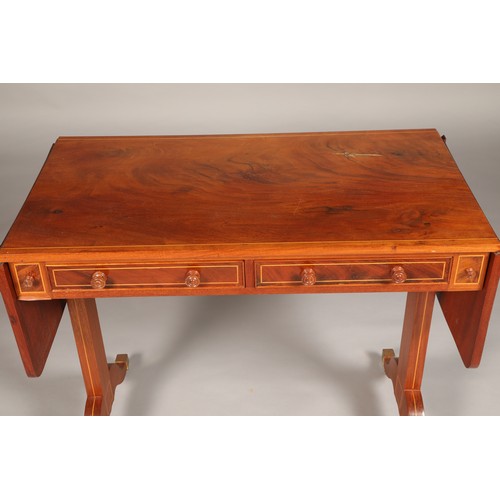 477 - Inlaid mahogany sofa table, with twin drop leaves and twin fitted drawers, length 92cm, width 51cm, ... 