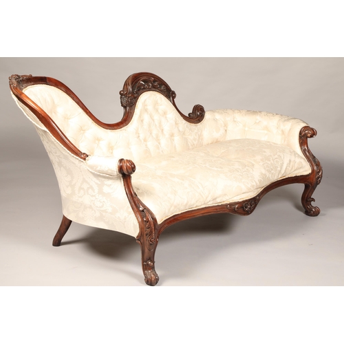 521 - 19th century mahogany button back settee, shaped carved back with floral carving on cabriole legs, l... 