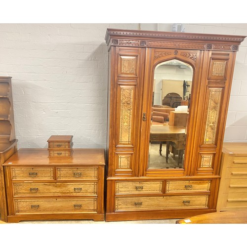 498 - Edwardian mirror door wardrobe with matching chest