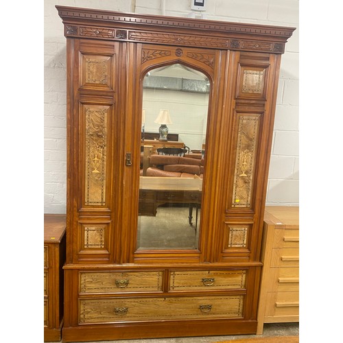 498 - Edwardian mirror door wardrobe with matching chest