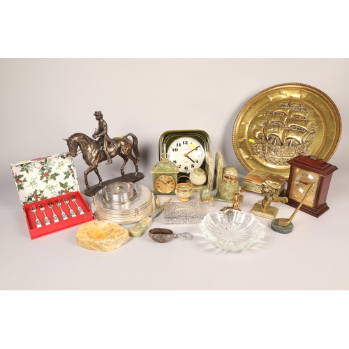 374 - Assortment of items to include Onyx ware, vintage clocks, Crystal, bronze horse and rider etc