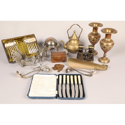 376 - Flatware, brass items, wooden chest of coins etc