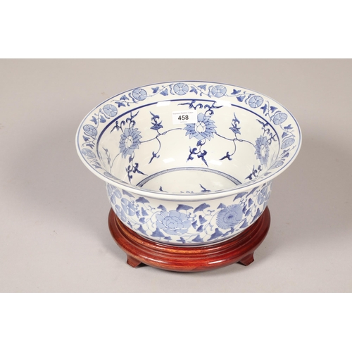 458 - Reproduction blue & white bowl on stand 