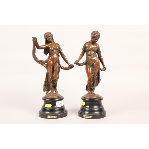 170 - Pair of Bronze figurines of Modistie & Gaiete, 29 cm tall