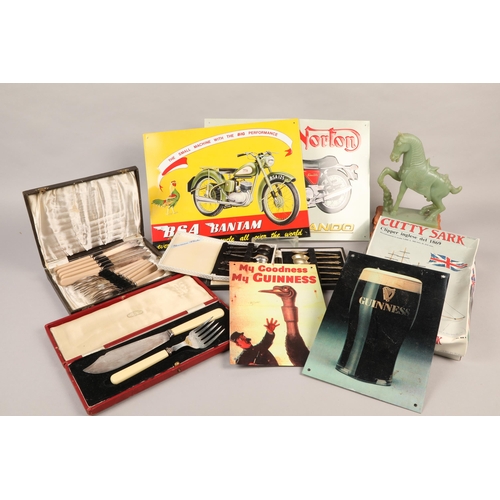 402 - Box of various items including brass lamp, pewter bowls, resin horse, silver plated tray etc