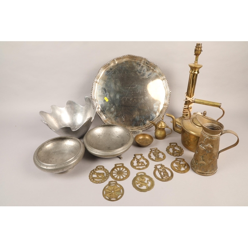 402 - Box of various items including brass lamp, pewter bowls, resin horse, silver plated tray etc