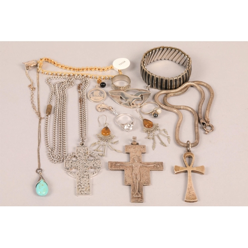 72 - Box of assorted costume jewellery, silver brooch, cross pendants etc
