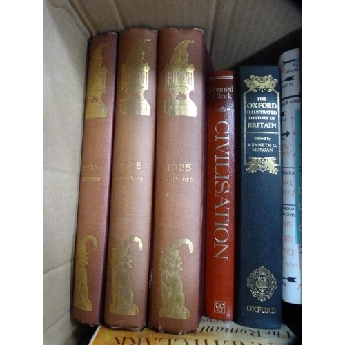 217 - Two cartons containing miscellaneous books to include Punch, c. 1920s and 1940s, Byzantium, The Birt... 