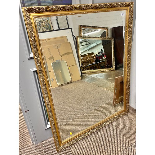 355 - Large bevel edged gilt frame wall mirror, with 3 various pictures 87x114 cm (4)