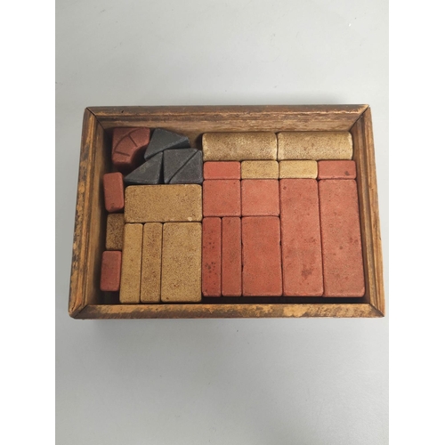 30 - RICHTERS STONE ANCHOR BLOCKS in original wooden box with sliding lid, with three lots of coloured bu... 