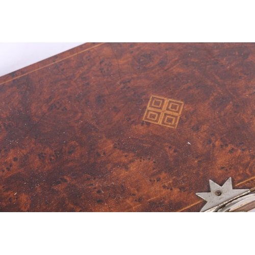 256 - Birdseye walnut and inlaid ACME tie press, a treen marquetry stamp box, and another hinge top box.