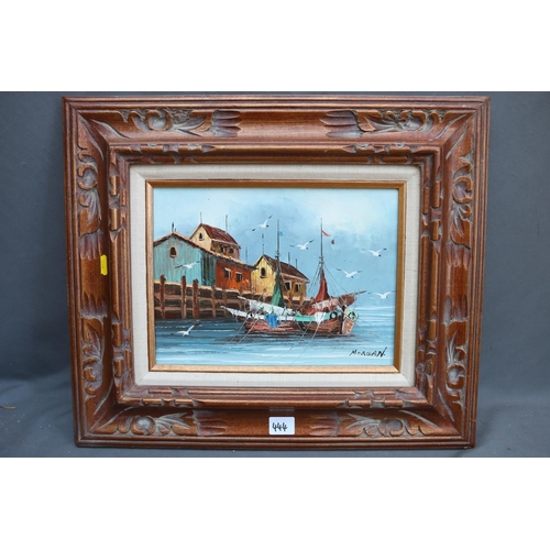 385 - MORGAN, fishing boat moored at pier, oil on canvas, signed lower right, 22cm x 29cm, carved wood fra... 