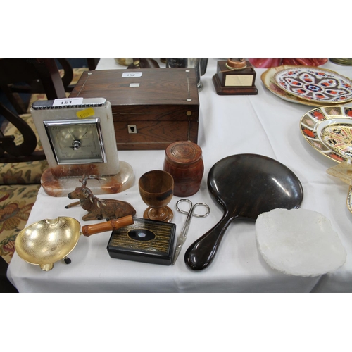 151 - Table barometer set in polished stone, 15cm high, along with a hand mirror, a souvenir egg cup, othe... 