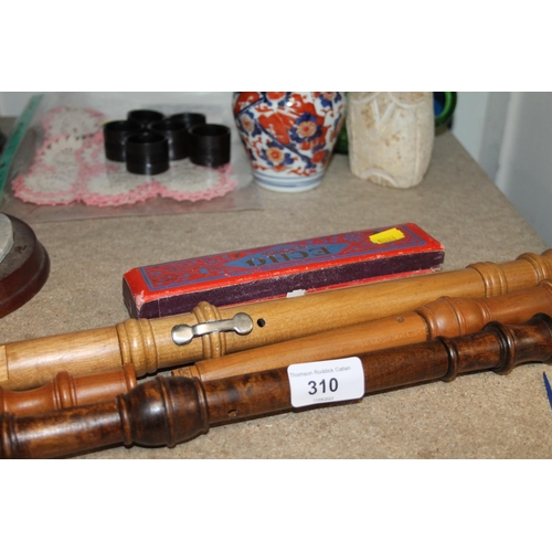 310 - Echo boxed harmonica, wooden flute, gong beater, etc.