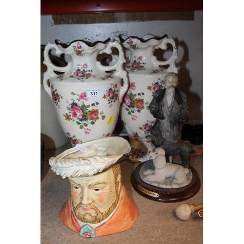 311 - Henry VIII Toby character jug style, Staffordshire floral decorated vases, etc.