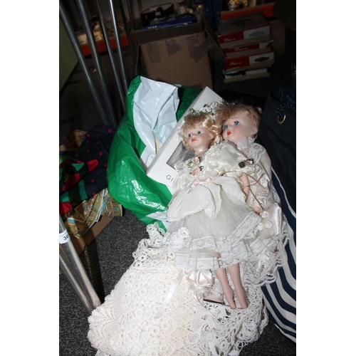 361 - Linens, two vintage porcelain dolls, etc.