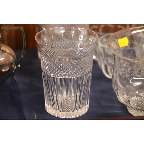 234 - Three Stuart Crystal hobnail and slice cut glasses, 10cm high, cordial glasses, a vase, mugs, etc.