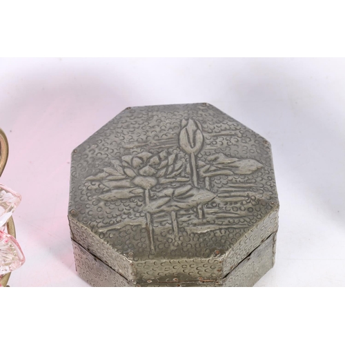 74 - Cranberry glass dish on EP stand, a hammered butter dish and cover, a box, and a miniature clock.