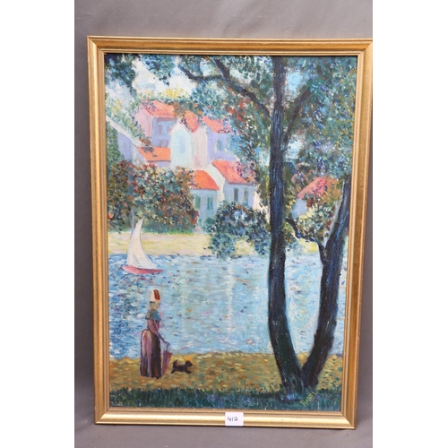 393 - RANEL, lady walking dog, oil on board, signed lower right, 59cm x 39cm, frame 64cm x 44cm.