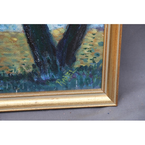 393 - RANEL, lady walking dog, oil on board, signed lower right, 59cm x 39cm, frame 64cm x 44cm.