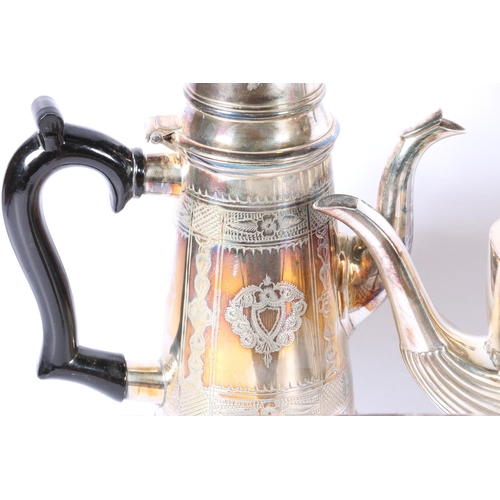 103 - Pair of engraved hot water jugs, and a three piece half reeded teaset.