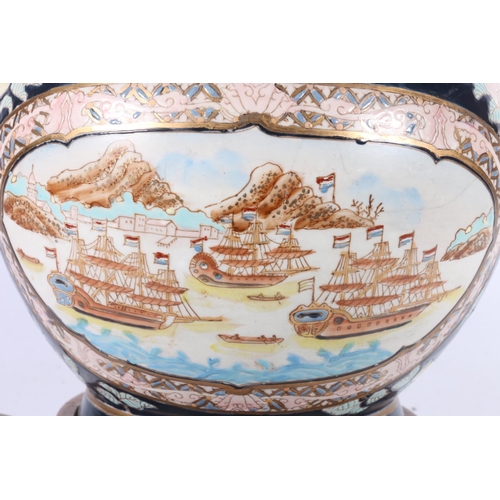 125 - Ginger jar lamp, with panel depicting Dutch ships in harbour, 32cm high.