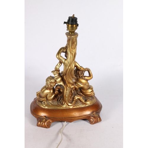 142 - Composition table lamp, with three putti, 30cm high.