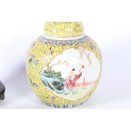 100B - Yellow ginger jar, 14cm, with circular red seal mark to base, also blue and white tea bowl and cup.