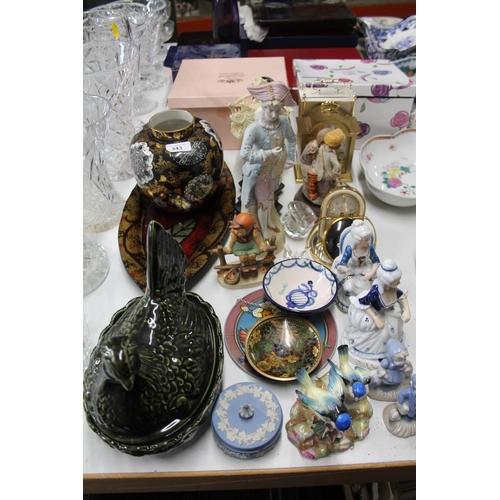 343 - Ceramics to include hen on nest, Goebel figure, mantel clocks, etc.