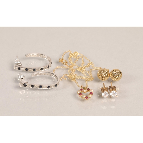 139 - Box containing earrings, including 2 pairs of 9 ct gold studs, white gold hoops and a 9 ct gold neck... 