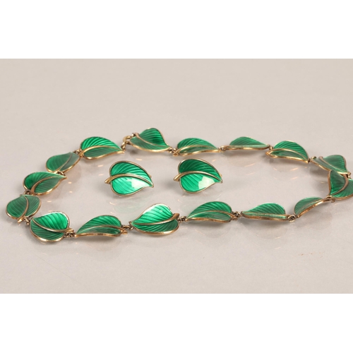 153 - David Andersen of Norway silver and green enamel leaf necklace, and matching clip-on earrings.