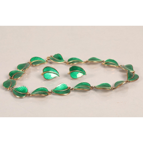 153 - David Andersen of Norway silver and green enamel leaf necklace, and matching clip-on earrings.