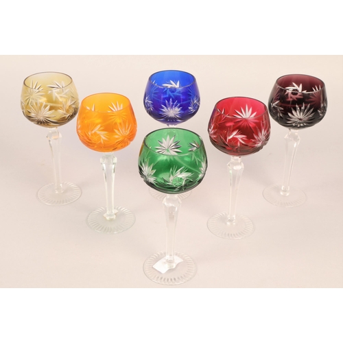 163 - Six multi-coloured Bohemian hock glasses, 19cm.