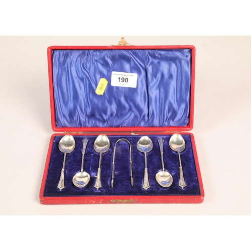 190 - Set of six silver teaspoons and tongs, in fitted case, 51g.